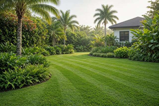 Freshly maintained St. Augustine lawn framed by tropical plants in Broward County